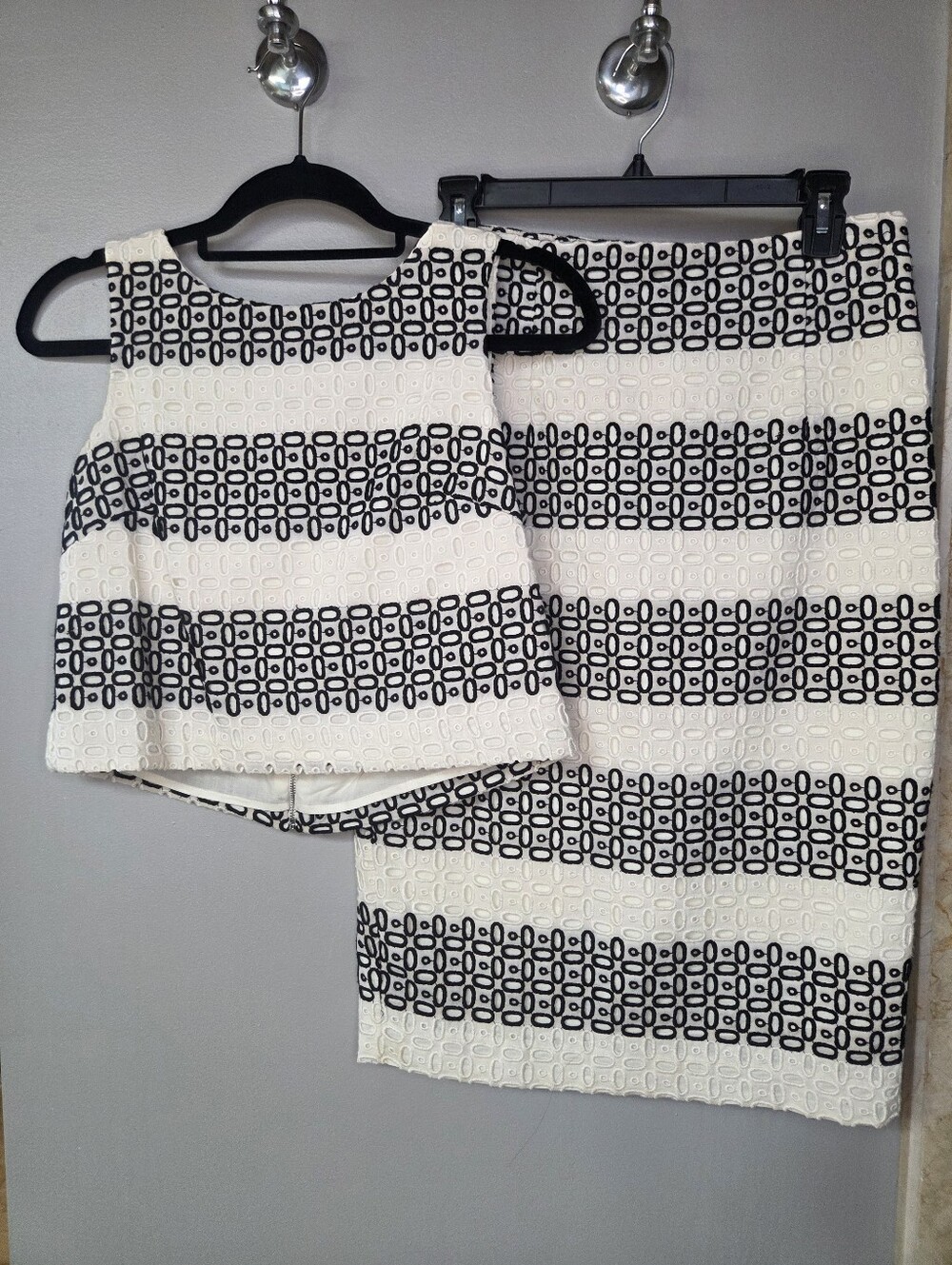 Tahari Women’s Black & White Striped Eyelet Lace Pencil Skirt & Top Set